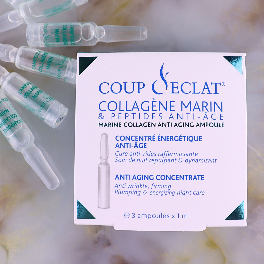 Boîte et ampoules du Concentré Énergétique au Collagène Marin Coup d'Eclat