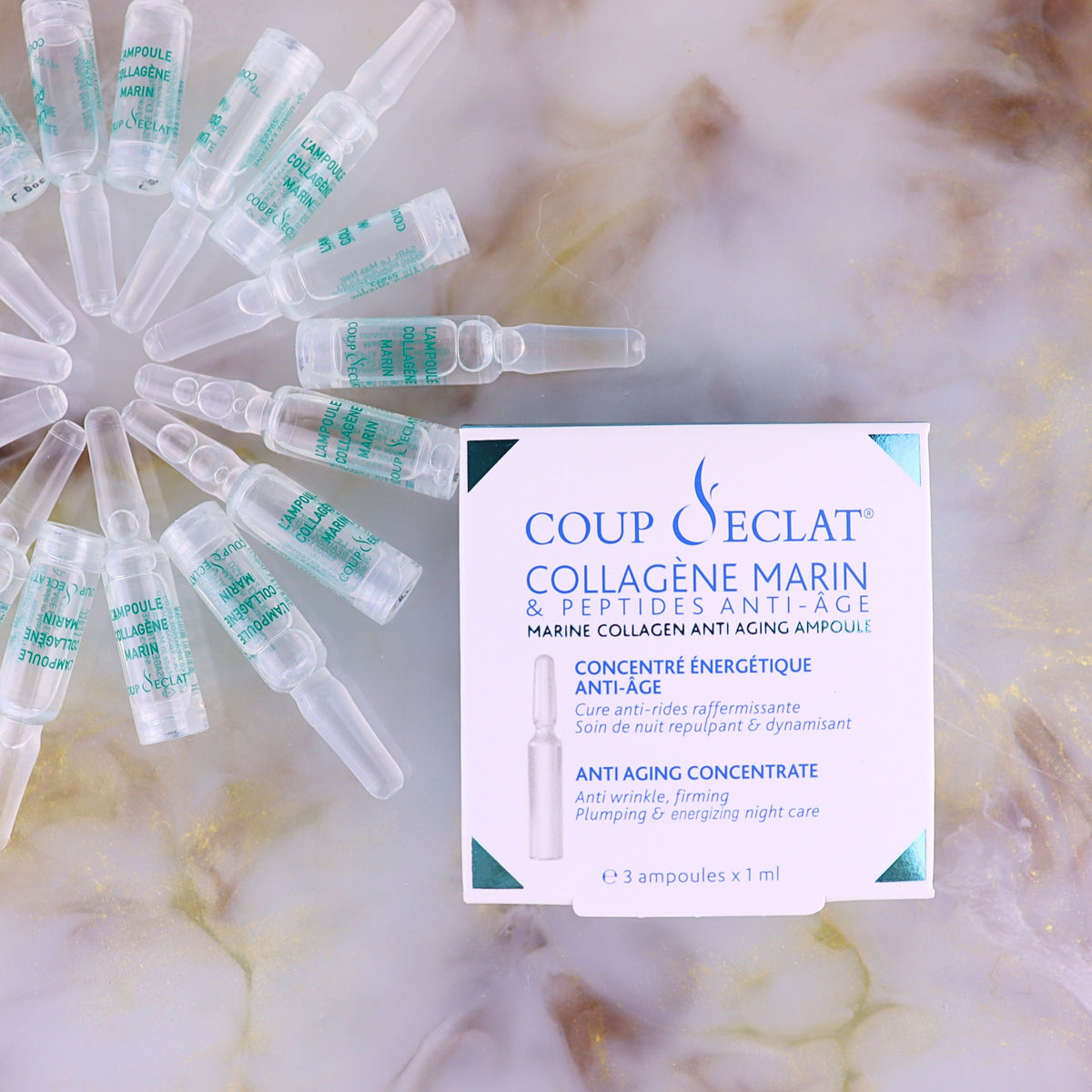 Box and ampoules of Coup d'Eclat Marine Collagen Ampoules