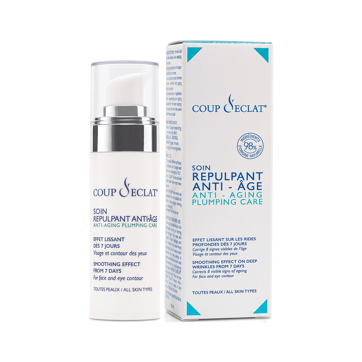 Flacon pompe et étui du Soin Repulpant Anti-Âge Coup d'Eclat 30 ml