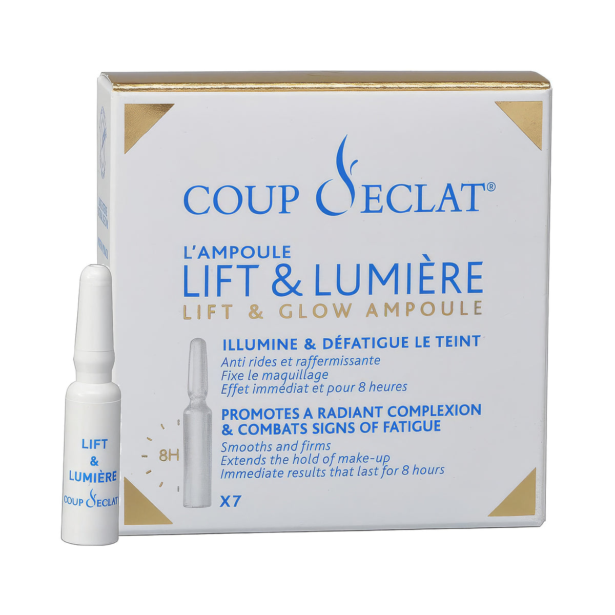 Box and ampoules of Coup d'Eclat Lift & Glow 7 × 1 ml