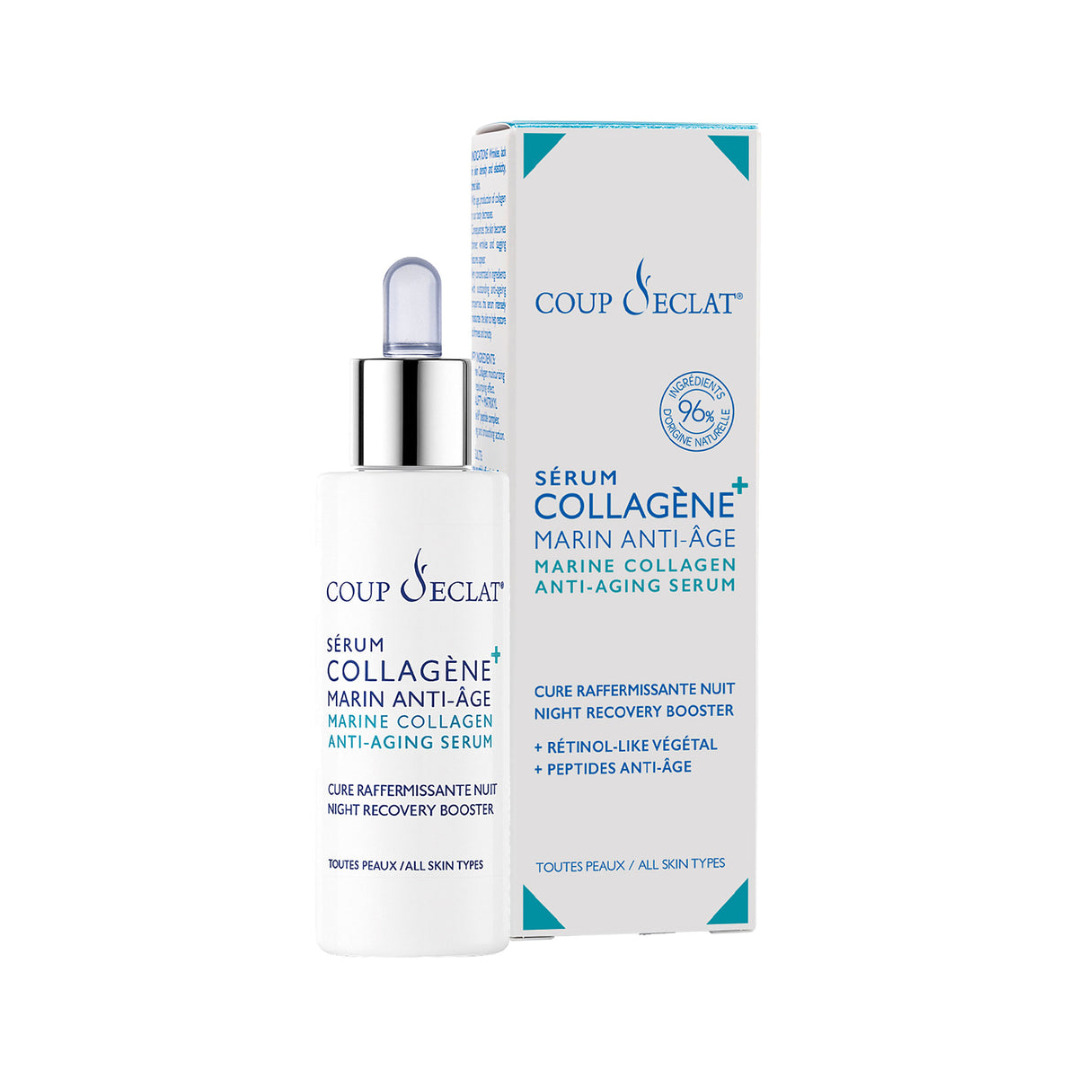 Bottle and box of Coup d'Eclat Marine Collagen Anti-Aging Serum + Plant-Based Retinol-Like 30 ml